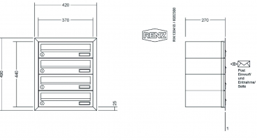 RENZ Briefkastenanlage Unterputz, Eckrahmen, Edelstahl V4A, Kastenformat 370x110x270mm, 4-teilig